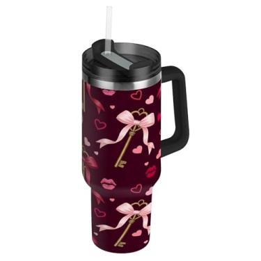 Imagem de ATTX Copo com alça para chaves de dia dos namorados de 1,134 g, copo de aço inoxidável a vácuo de parede dupla com palha, caneca de café de viagem isolada #329