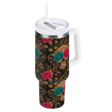 Imagem de SEHANY Copo de caveira e rosas de 850 g com alça, copo isolado de aço inoxidável a vácuo de parede dupla, caneca de café à prova de vazamento, copo isolado para viagem, cabe no suporte de copo de