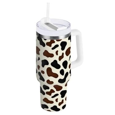 Imagem de SEHANY Copo de vaca marrom e branco de 1,134 g com alça, copos isolados de aço inoxidável a vácuo de parede dupla à prova de vazamento, copo de viagem isolado cabe no suporte de copo de carro