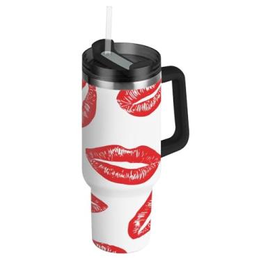 Imagem de ATTX Copo de 1,134 g lábios vermelhos Dia dos Namorados com alça, copo de aço inoxidável a vácuo de parede dupla com palha, caneca de café de viagem isolada #401