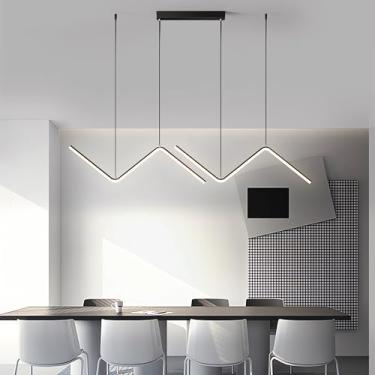 Imagem de Luminária pendente LED de embutir no teto, moderna e regulável, com controle remoto, design linear ondulado, ideal para cozinha, ilha, sala de jantar, escritório ou sala de estudos (preta, 1