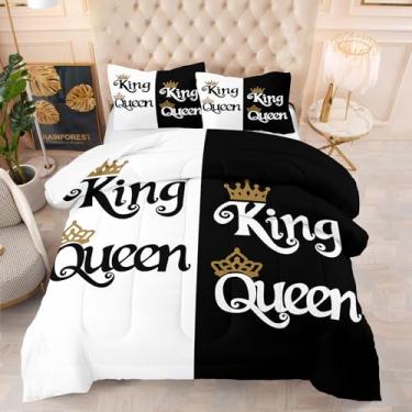 Imagem de Peopleareok Conjunto de edredom com coroa de rei e rainha, preto e branco, para adultos, mulheres, homens, edredom para casamento, dia dos namorados, decoração de quarto, tamanho king