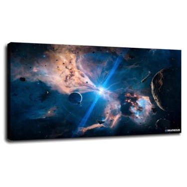 Imagem de Pôster de nave espacial impressões em tela planetária estrelas anéis arte de parede para casa 1 painéis decorações com moldura 68.6 cm x 40.6 cm