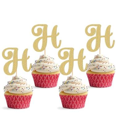 Imagem de Topper de cupcake de 26 letras - pacote com 24 decorações de cupcake com glitter e letra H, adequado para festa de aniversário, aniversário de casamento ou adereços de cabine de fotos (H)