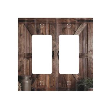 Imagem de TYIGBXFYO Capa decorativa para interruptores de luz decorativa rústica de casa de fazenda marrom para porta de celeiro Country 2 Gang, placas elétricas de parede, receptáculo, placas frontais para