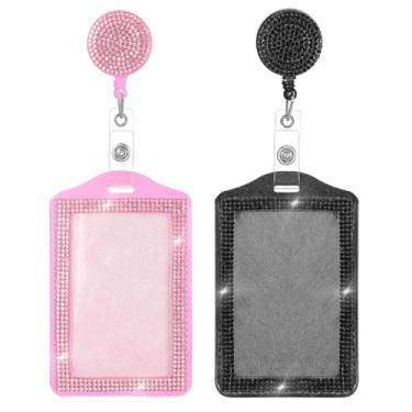 Imagem de 2 peças de porta-crachá de identificação brilhante, porta-crachás verticais retráteis rosa e preto, clipe de carretel de cordão de strass portátil para enfermeira, professor, médico, escritório (rosa