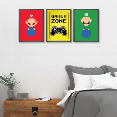 Imagem de Kit 3 Quadros Gamer Zone Coloridos 45x34cm c/ Vidro