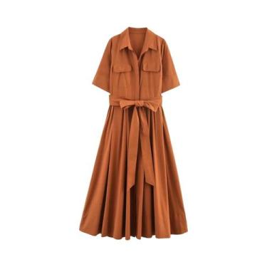 Imagem de Vestido Midi Elegante Para Mulheres Com Manga Curta Ajustado Casual Mo