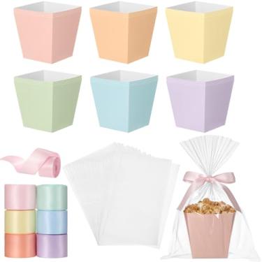 Imagem de Pajean 24 conjuntos de caixas de pipoca de Páscoa com sacos e fita de celofane, 12 cm x 12 cm x 9 cm de papel macaron de papelão para petiscos, biscoitos de presente, caixas de doces para