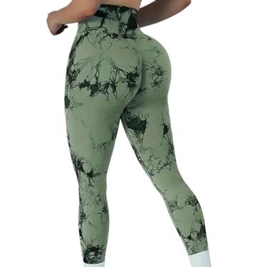 Imagem de tincolia Meia-calça legging feminina tie dye cintura alta levanta bumbum controle de barriga push up sem costura calças de ioga treino - verde grama-M