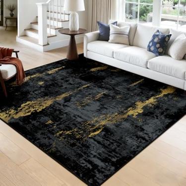 Imagem de RELEANY Tapetes laváveis, quadrados, 2,4 m, antiderrapantes, modernos, abstratos, macios para sala de estar, entrada, quarto, berçário, estampa estampada, ouro preto escuro