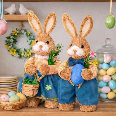 Imagem de Casal Coelho Enfeite Decoração Páscoa Palha Artesanal 45cm