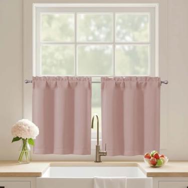 Imagem de Ebesto Cortinas curtas rosa blush de 61 cm de comprimento, 2 painéis, cortinas de janela de cozinha com isolamento térmico sobre a pia, cortinas de café com bolso de haste de meia janela para armário