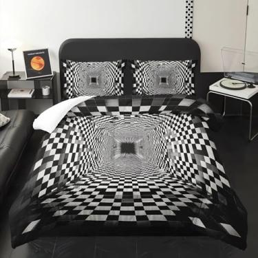 Imagem de lneffble Jogo de cama Queen com estampa geométrica preto e branco 3D, preto e branco, com 1 edredom com 2 fronhas, decoração de quarto quadriculado