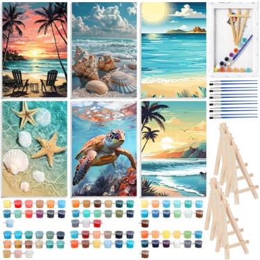 Imagem de Honoson Pacote com 6 kits de pintura de praia por números para adultos 20 x 30 cm, faça-você-mesmo, tartaruga, praia, mar, oceano, pintura por números, em tela, com armação e cavalete pincel de tintas
