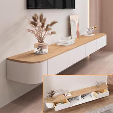 Imagem de Suporte de TV flutuante, console de mídia montado na parede com gavetas de armazenamento, centro de entretenimento moderno para sala de estar e escritório, prateleira de áudio/vídeo. Design elegante e