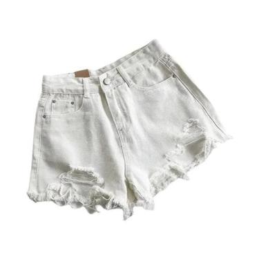 Imagem de Shorts Jeans Feminino Cintura Alta Rasgado Com Franjas E Bolsos Estilo