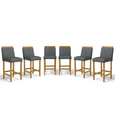 Imagem de Kit Com 6 Banquetas Eloá Madeira Maciça Assento Estofado Para Bancada Linho Chumbo 406