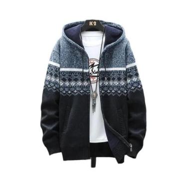 Imagem de Cardigã Masculino De Inverno Com Capuz Xadrez, Jaqueta De Lã Com Zíper