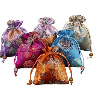Imagem de Conjunto de sacolas de presente Brocade Peony Drawstring 11 x 14 cm 6 