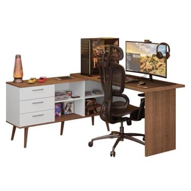 Imagem de Mesa para Computador Gamer em L 3 Gavetas Branco/rustic Lisboa Madesa