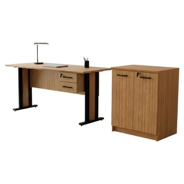Imagem de Mesa De Escritorio 2 Gavetas Balcao 2 Portas Para Escritorio Amendoa Preto Tecno Mobili