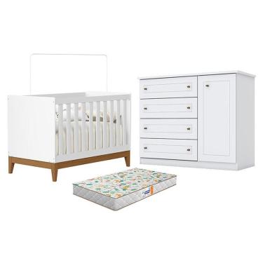 Imagem de Berço Americano Flip Branco Acetinado Reller E Cômoda Infantil Americano Brando Hp E Colchão Gazin - Henn