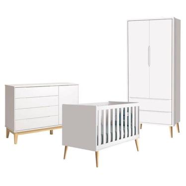 Imagem de Berço Americano Com Guarda Roupa 2 Portas Theo E Cômoda Classic Elfe Branco Acetinado Com Pés Madeira Natural - Reller