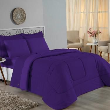 Imagem de Kit Edredom Dupla Face + Jogo De Lençol Solteiro Nobre 4 Peças Malha 100% Algodão - Roxo