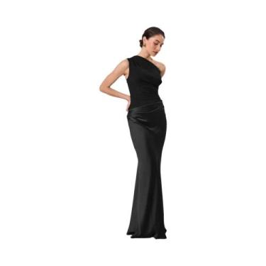 Imagem de Vestido Maxi Sem Mangas De Cetim Com Patches Em Marrom Para Mulheres, 