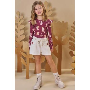 Imagem de Conjunto Menina Blusa Malha Power e Short Moletom Infanti, Bordo escur