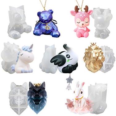 Imagem de Conjunto de moldes de silicone de resina epóxi de animais 3D unicórnio, leão, lobo, elefante, veado, coelho, urso, joias, suprimentos, 7 unidades, altura 6,6 a 7,6 cm
