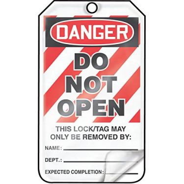 Imagem de Accuform Etiquetas de bloqueio, pacote com 5, Danger Do Not Open, etiquetas compatíveis com OSHA feitas nos EUA, à prova de intempéries e resistente a produtos químicos, laminado PF-Cardstock, 14,6 cm x 8,2 cm, MLT412LTM