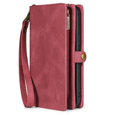 Imagem de Capa carteira para Google Pixel 6/6 Pro, capa flip magnética destacável de couro PU com alça de cordão com zíper para cartão de celular, vermelha, 6 Pro 17 cm