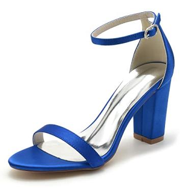 Imagem de Sapatos de noiva de cetim femininos sapatos de salto alto marfim grossos sapatos de festa sapatos de salto alto 36-43,Blue,3 UK/36 EU