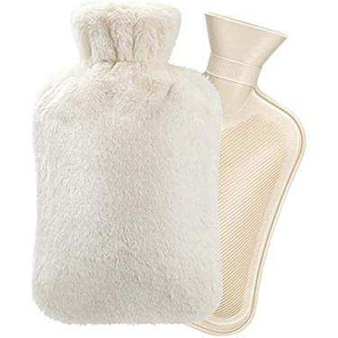 Imagem de Garrafa de água quente, sacos de água quente de 2L com capa fofa quente, bolsa de água 2 em 1 para compressa fria e quente, presente doce para o inverno frio (bege)