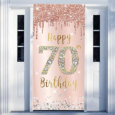Imagem de Decorações de porta de 70 anos para mulheres, decoração de porta de aniversário de 70 anos em ouro rosa rosa rosa feliz 70 anos, decoração de cartaz de aniversário grande de 70 anos