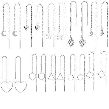 Imagem de XHBTS 10 pares de brincos de passador para mulheres - brincos de corrente longa coração estrela lua leve gota pingente corrente borla brincos minimalista conjunto de brincos com mini pano, Aço inoxidá