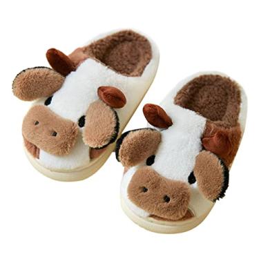 Imagem de Chinelos tamanho menina 12 chinelos sapatos infantis chinelos de casa quarto chinelos de vaca de algodão dos desenhos animados (café, 3,5-4 anos infantil)