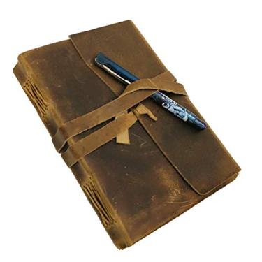 Imagem de Caderno de anotações de couro - bloco de notas diário de couro antigo feito à mão para homens e mulheres papel sem forro grande 20,32 x 15,24 cm, Marrom, 8.0" x 6.0" x 1.25"