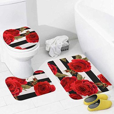 Imagem de Conjunto de tapetes de banheiro e 3 peças de rosas com listras pretas e brancas, tapete de banheiro de espuma viscoelástica, lavável, antiderrapante, tapete e tampa para banheiro
