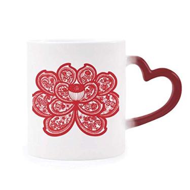 Imagem de Caneca de grés com flor e zodíaco chinês de lótus sensível ao calor vermelha que muda de cor