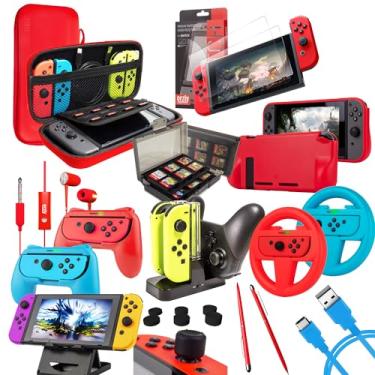 Imagem de Orzly Pacote de acessórios compatível com Nintendo Switch Geek Pack: capa e protetor de tela, punhos Joycon e rodas de corrida, doca de carga do controle, capa de aderência confortável