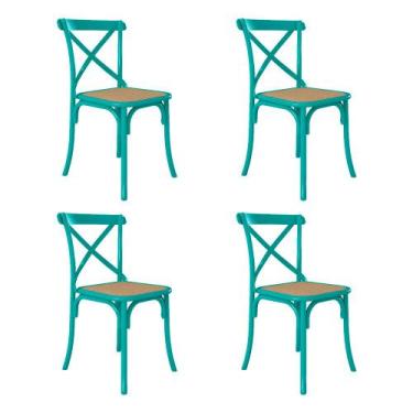 Imagem de Kit 4 Cadeiras Katrina X Azul Turquesa Assento Bege Aço Asturias
