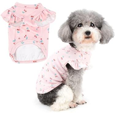Imagem de Ranphy Camisas de cachorro para cães pequenos meninas camisetas de verão de algodão macio respirável colete para filhotes roupas fofas cereja impresso roupas para animais de estimação babados camisa