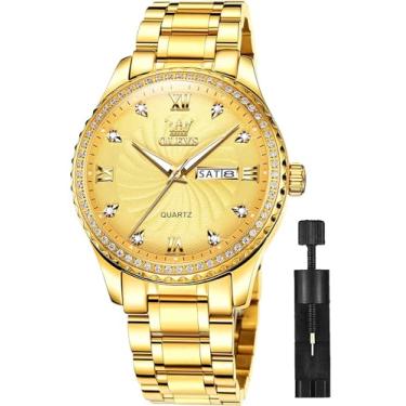 Imagem de OLEVS Relógio masculino de aço inoxidável, mostrador grande, casual, relógio de pulso, analógico, dia, data, à prova d'água, luminoso, 5565: Pulseira dourada e mostrador dourado, Clássico
