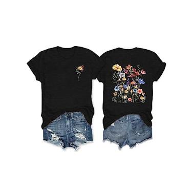 Imagem de Anbech Camisetas femininas com estampa de flores silvestres boho, manga curta, caimento solto, Preto, G