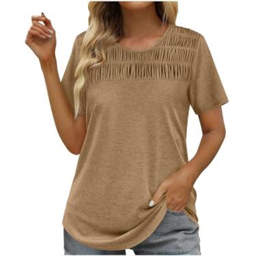 Imagem de Camiseta feminina básica franzida outono verão manga curta gola redonda caimento solto camiseta longa feminina 2024 Y2K, E-524 cáqui, M