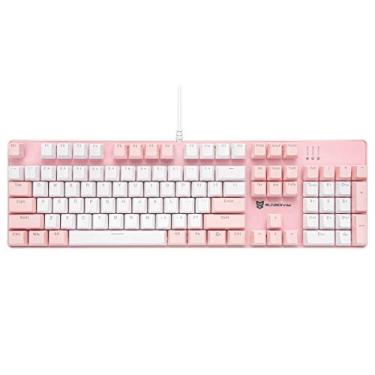 Imagem de Teclado mecânico para jogos com fio | Teclado para jogos para PC Brown Switch | Layout dos EUA com 104 teclas | Teclado para jogos com fio | Teclado mecânico silencioso | Combo rosa e branco
