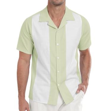Imagem de Askdeer Camisas masculinas de linho vintage camisa de boliche manga curta Cuba Beach camisas verão casual camisa de botão, A12 Verde claro branco, GG
